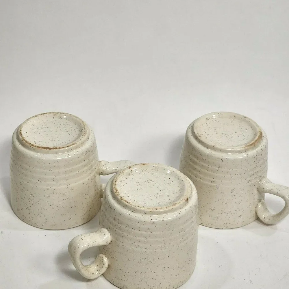 Set of 5 Vtg Speckled Stoneware Creamer, Sugar Bowl & Teacups‎ Raised Rings USA